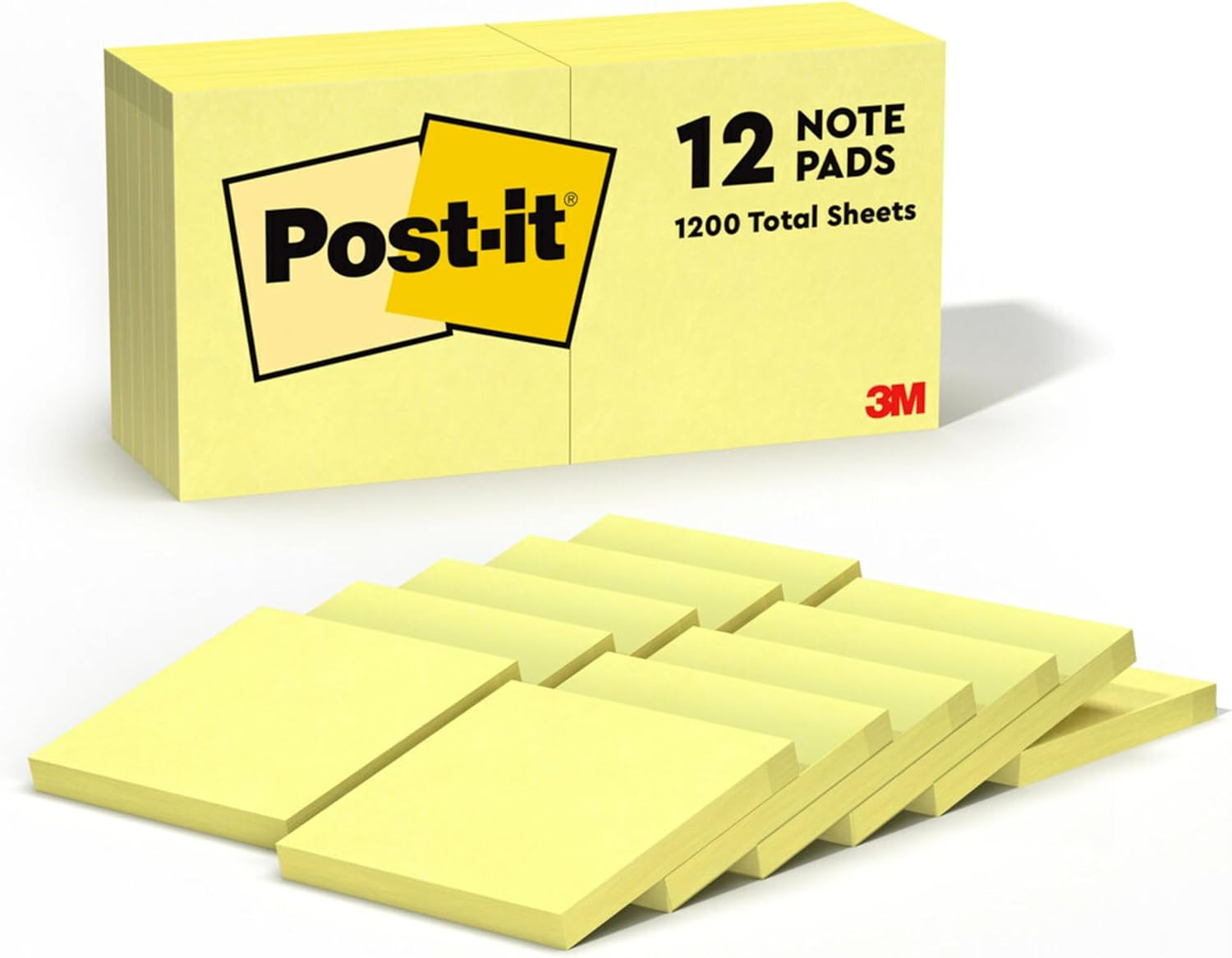 Post-it Notes, 12 Sticky Note Pads, 3 in. x 3 in., School Supplies and Office Products, Easy to Reposition Memo Pads Set, Great for Books and Paper, Canary Yellow-0