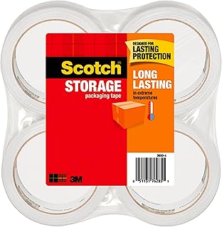 Scotch Long Lasting Storage Packaging Tape, 1.88" x 54.6 yd, Designed for Storage and Packing, Stays Sealed in Weather Extremes, 3" Core, Clear, 4 Rolls (3650-4)