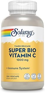 Solaray Super Bio Vitamin C 1000mg, Buffered, Time Release Capsules with Bioflavonoids, Two-Stage for High Absorption & All Day Immune Support, Vegan, 60 Day Guarantee, 125 Servings, 250 VegCaps