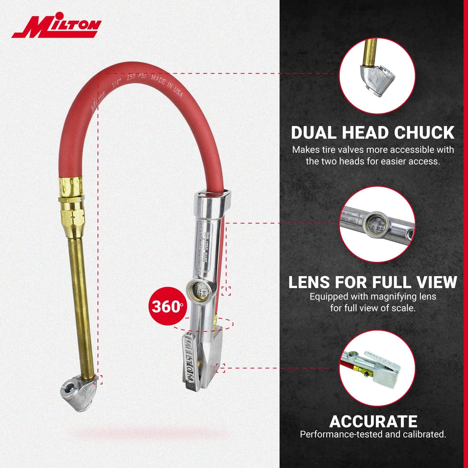 Milton S-506 Original Service Station Tire Inflator and Air Pressure Gauge, Dual Head Chuck, 1/4" NPT, 15" Rubber Hose, 10-160 PSI-1