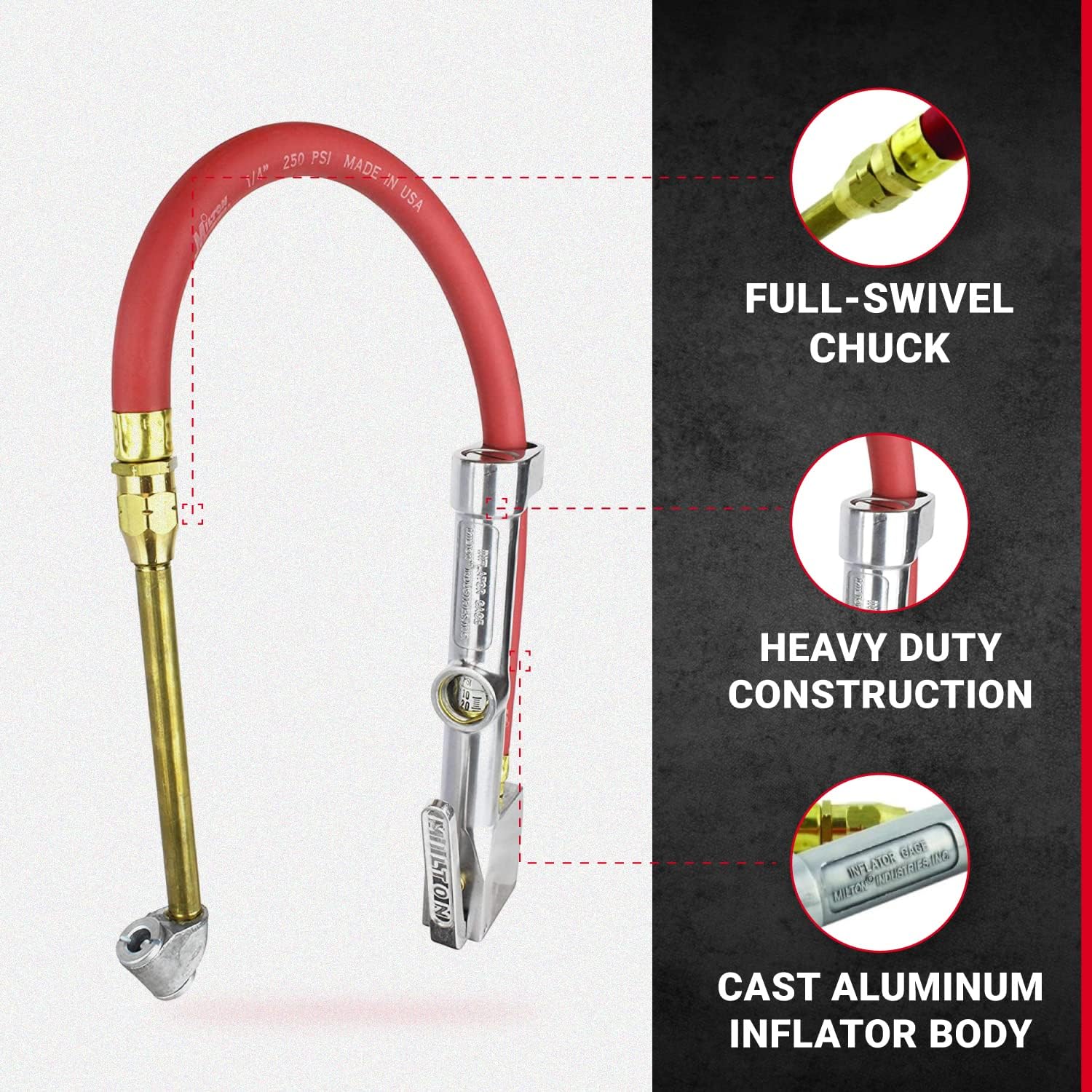Milton S-506 Original Service Station Tire Inflator and Air Pressure Gauge, Dual Head Chuck, 1/4" NPT, 15" Rubber Hose, 10-160 PSI-2