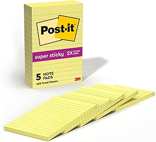 Post-it Super Sticky Notes, 4x6 in, 5 Pads, 2x the Sticking Power, Canary Yellow, Recyclable