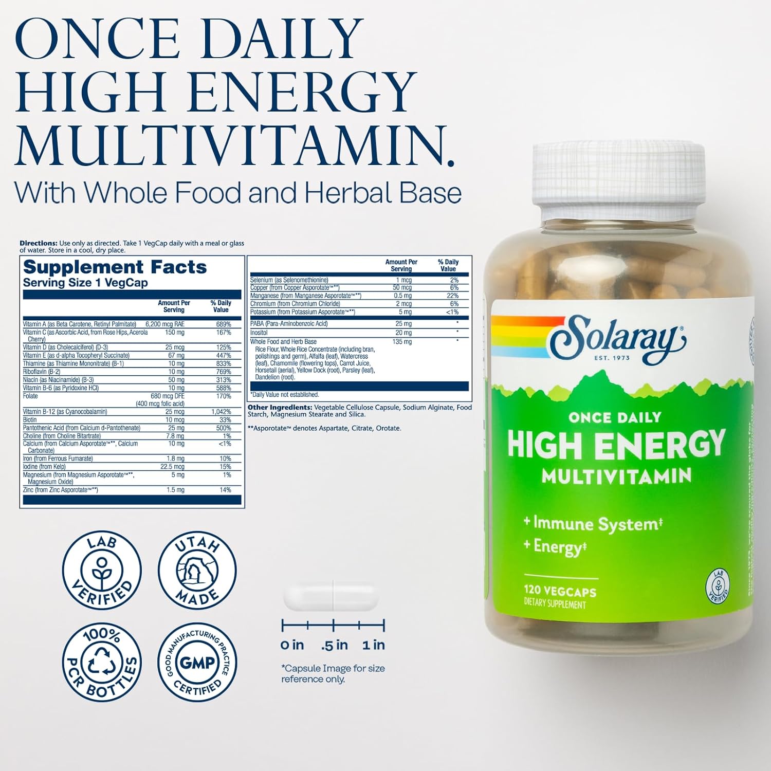 SOLARAY Once Daily High Energy Multivitamin for Women and Men - Energy Supplements - Immune Support w/Vitamin C, A, D and E, Vitamin B Complex, Trace Minerals, 60-Day Guarantee, 120 Serv, 120 VegCaps-1