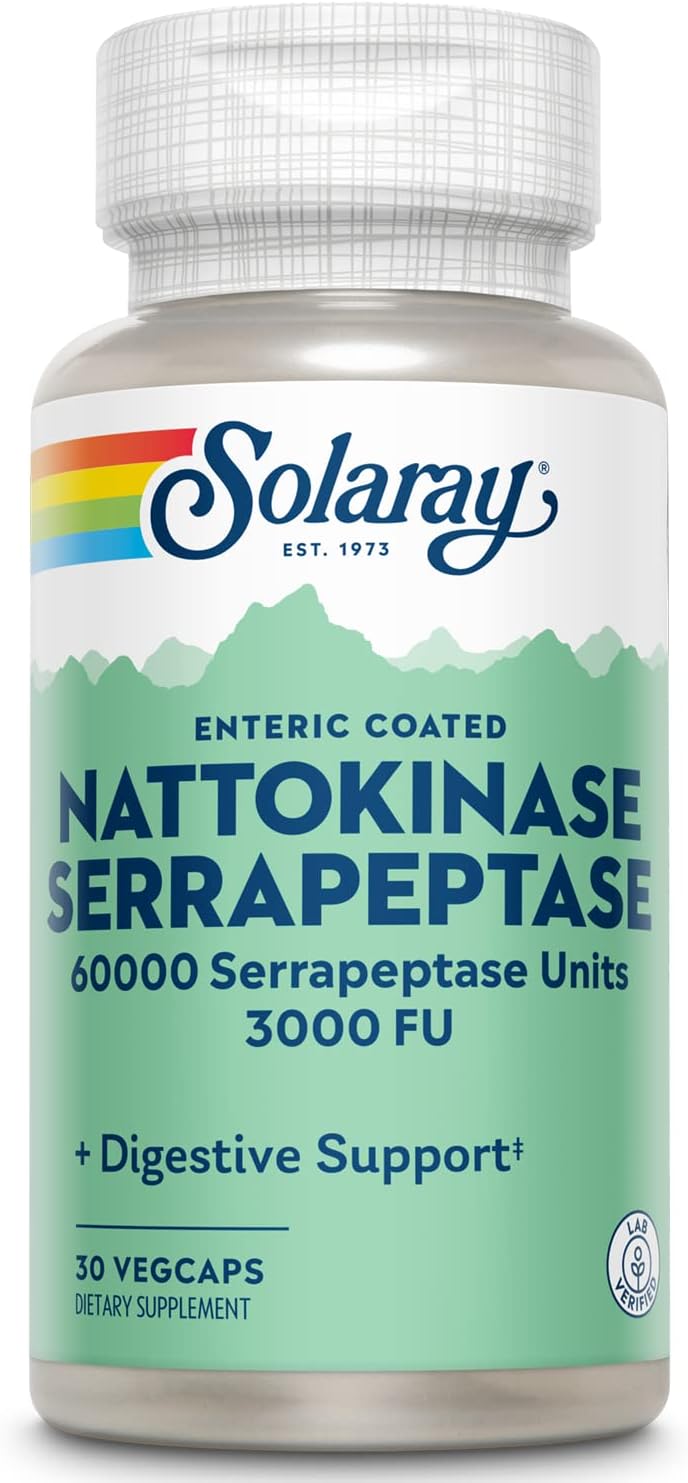 Solaray Nattokinase Serrapeptase Supplement - Enteric Coated - 3000 FU Nattokinase Supplement - Circulation, Cardiovascular, Sinus Support - Lab Verified, 60-Day Guarantee - 30 Servings, 30 VegCaps-0