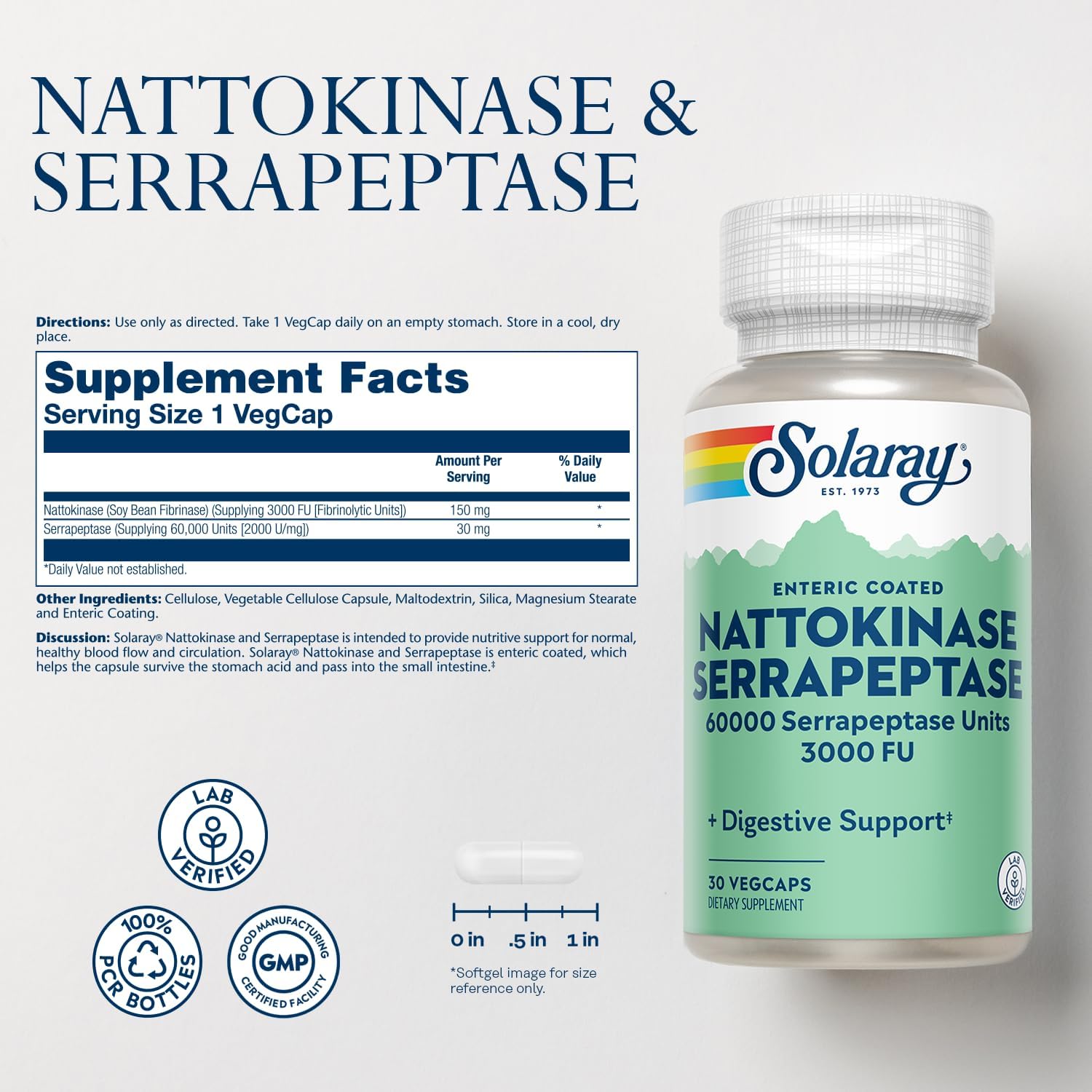 Solaray Nattokinase Serrapeptase Supplement - Enteric Coated - 3000 FU Nattokinase Supplement - Circulation, Cardiovascular, Sinus Support - Lab Verified, 60-Day Guarantee - 30 Servings, 30 VegCaps-1