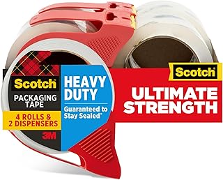 Scotch Heavy Duty Shipping and Moving Packing Tape, Clear, Packing and Moving Supplies, 1.88 in. x 54.6 yd., 4 Tape Rolls with 4 Dispensers