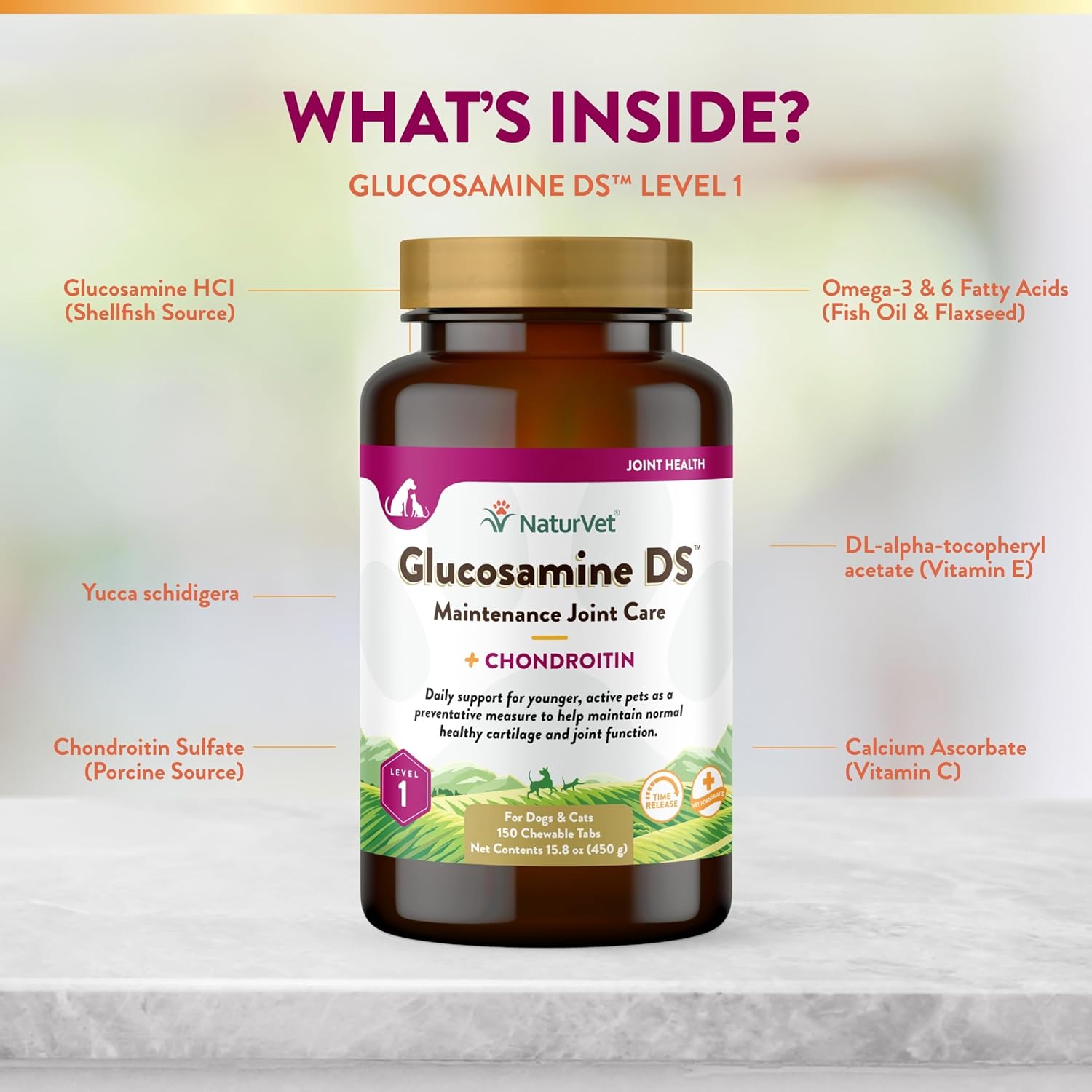 NaturVet Glucosamine DS Level 1 Maintenance Care Hip & Joint Support Pet Supplement for Dogs & Cats –Glucosamine, Chondroitin, Antioxidants –Supports Cartilage, Joint Function – 150 Ct.-4