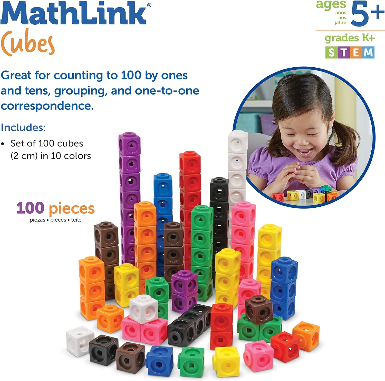 Learning Resources MathLink Cubes - Set of 100 Cubes, Ages 5+ Kindergarten, STEM Activities, Math Manipulatives, Homeschool Supplies, Teacher Supplies-5