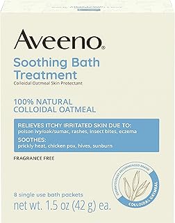 Aveeno Fragrance Free Soothing Bath Treatment, 100% Natural Colloidal Oatmeal, Sensitive Skin Bath Soak for Relief of Dry, Itchy, Irritated Skin Due to Eczema & Hives, Bath Packets, 8 ct.