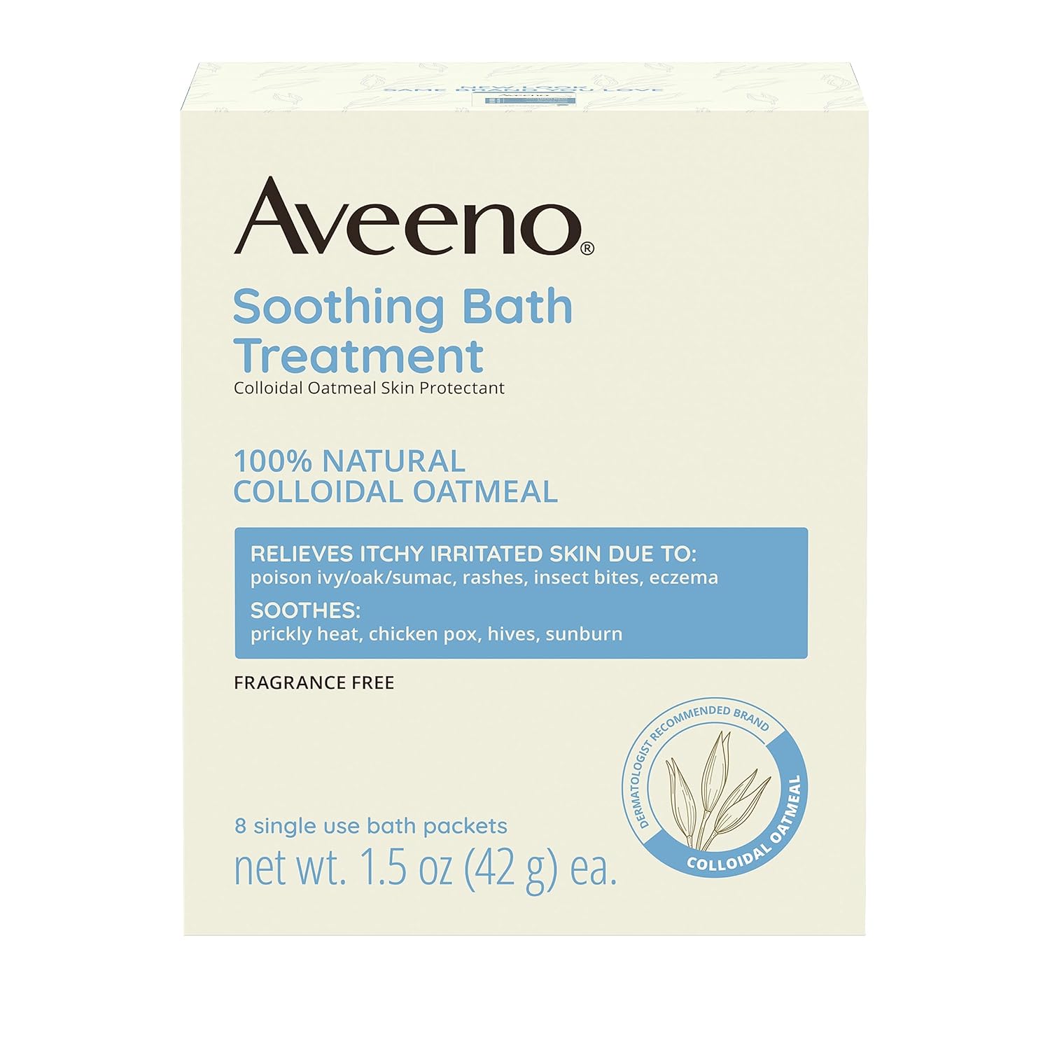 Aveeno Fragrance Free Soothing Bath Treatment, 100% Natural Colloidal Oatmeal, Sensitive Skin Bath Soak for Relief of Dry, Itchy, Irritated Skin Due to Eczema & Hives, Bath Packets, 8 ct.-0