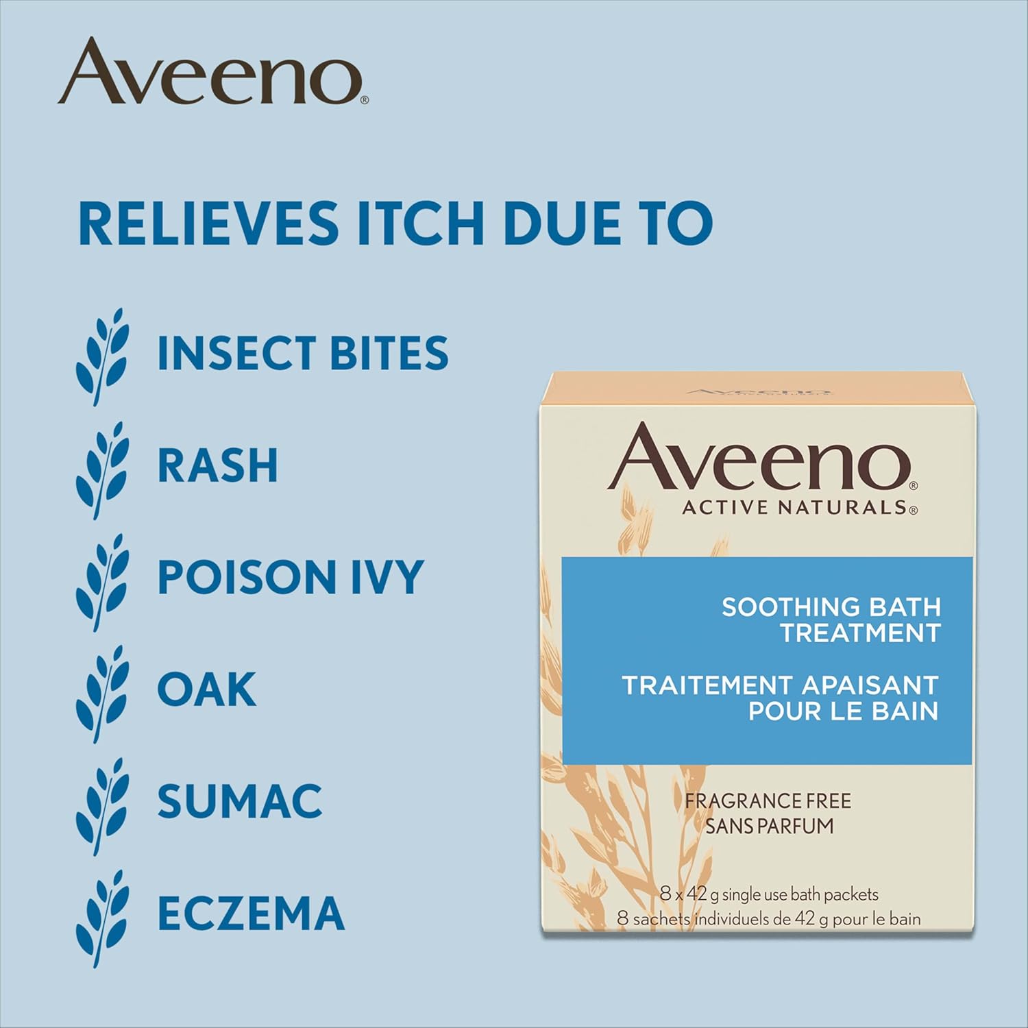 Aveeno Fragrance Free Soothing Bath Treatment, 100% Natural Colloidal Oatmeal, Sensitive Skin Bath Soak for Relief of Dry, Itchy, Irritated Skin Due to Eczema & Hives, Bath Packets, 8 ct.-1