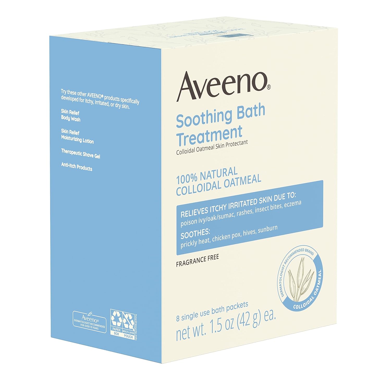 Aveeno Fragrance Free Soothing Bath Treatment, 100% Natural Colloidal Oatmeal, Sensitive Skin Bath Soak for Relief of Dry, Itchy, Irritated Skin Due to Eczema & Hives, Bath Packets, 8 ct.-3