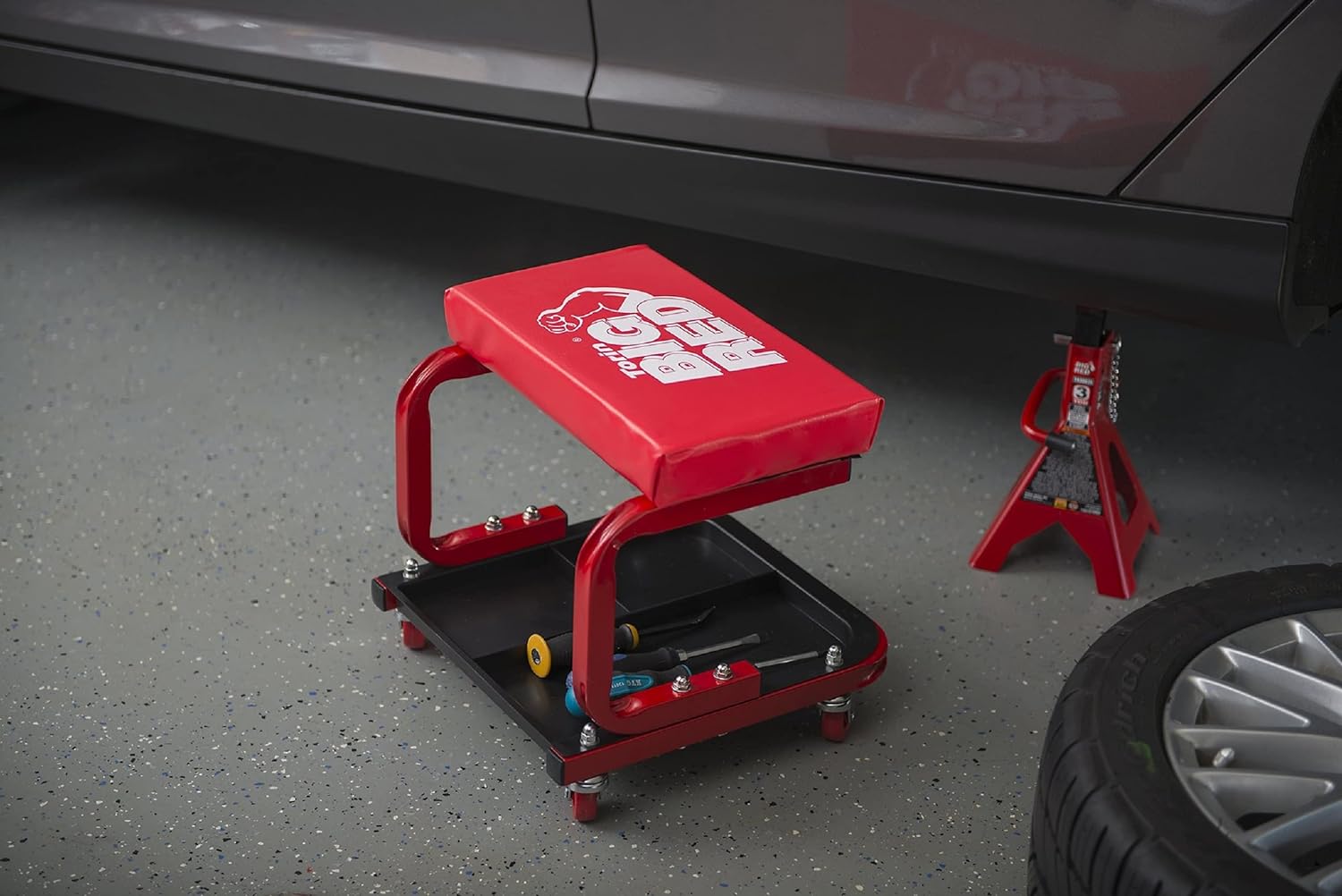 Torin TR6300 Red Rolling Creeper Garage/Shop Seat: Padded Mechanic Stool with Tool Tray Large-6