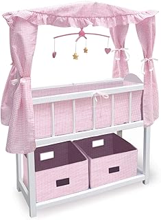 Badger Basket Toy Doll Bed with Storage Baskets, Gingham Bedding, and Musical Mobile for 22 inch Dolls - White/Pink