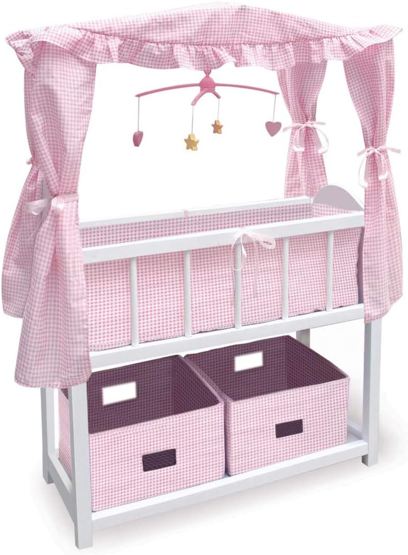 Badger Basket Toy Doll Bed with Storage Baskets, Gingham Bedding, and Musical Mobile for 22 inch Dolls - White/Pink-0