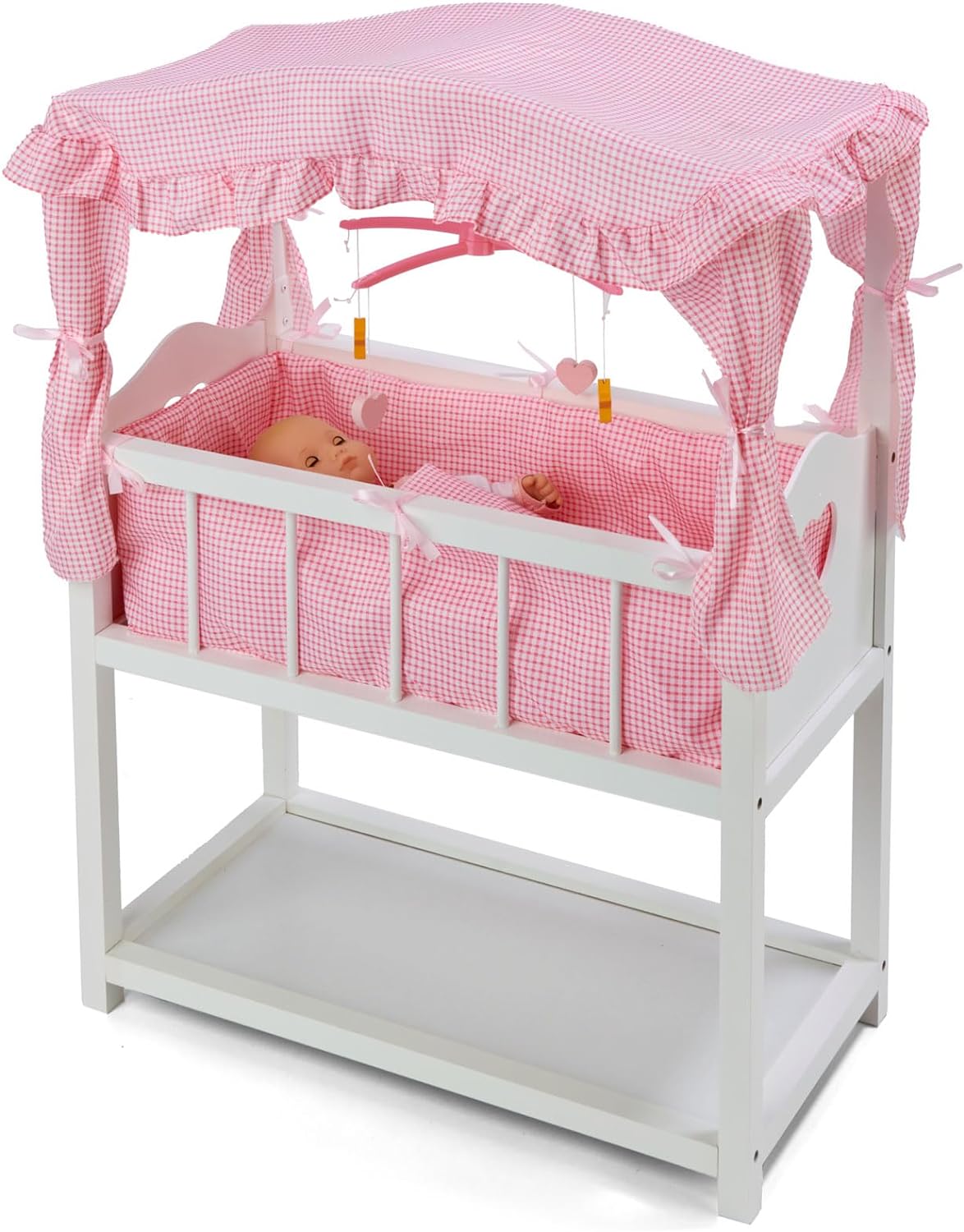 Badger Basket Toy Doll Bed with Storage Baskets, Gingham Bedding, and Musical Mobile for 22 inch Dolls - White/Pink-4