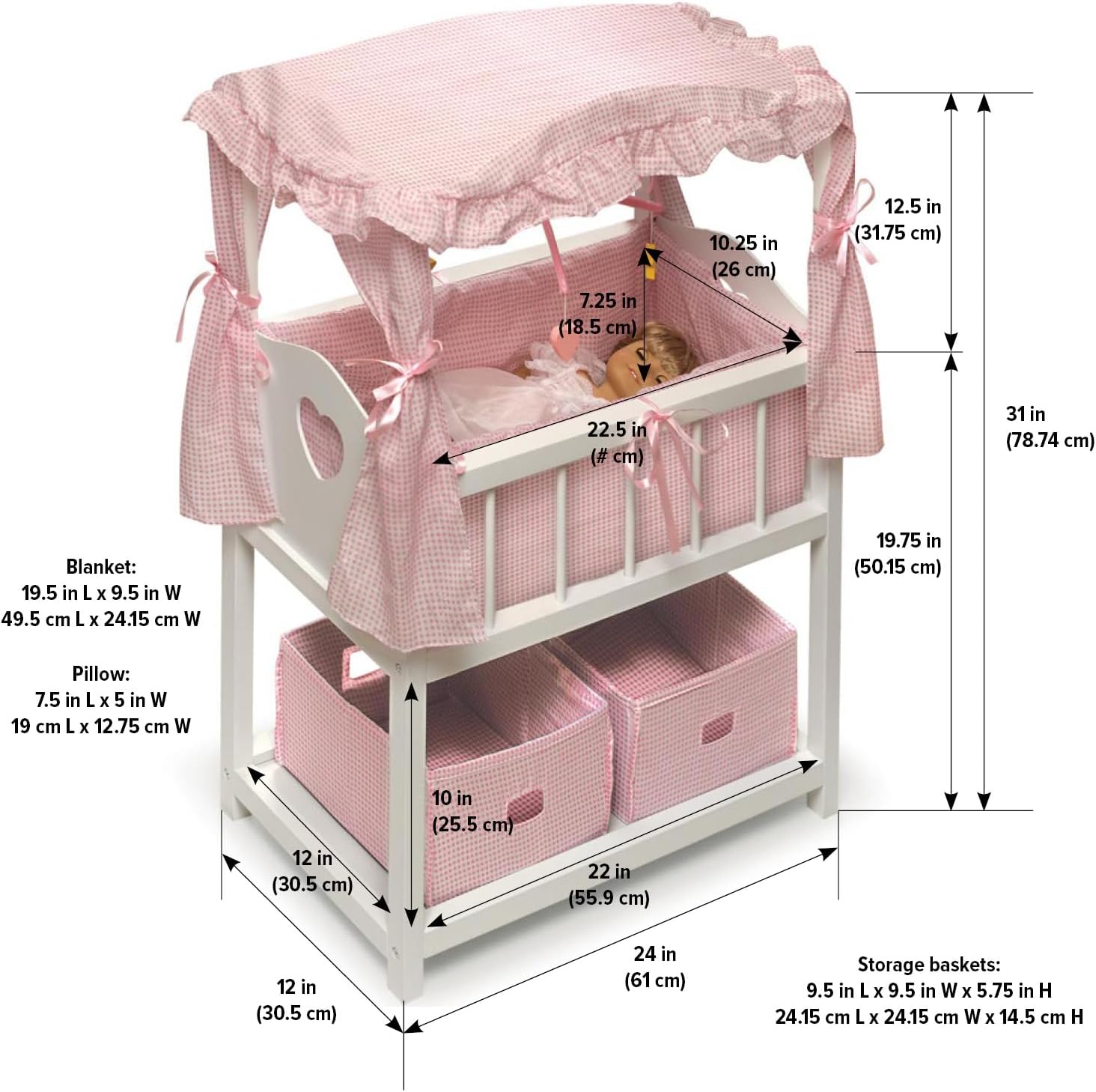 Badger Basket Toy Doll Bed with Storage Baskets, Gingham Bedding, and Musical Mobile for 22 inch Dolls - White/Pink-5