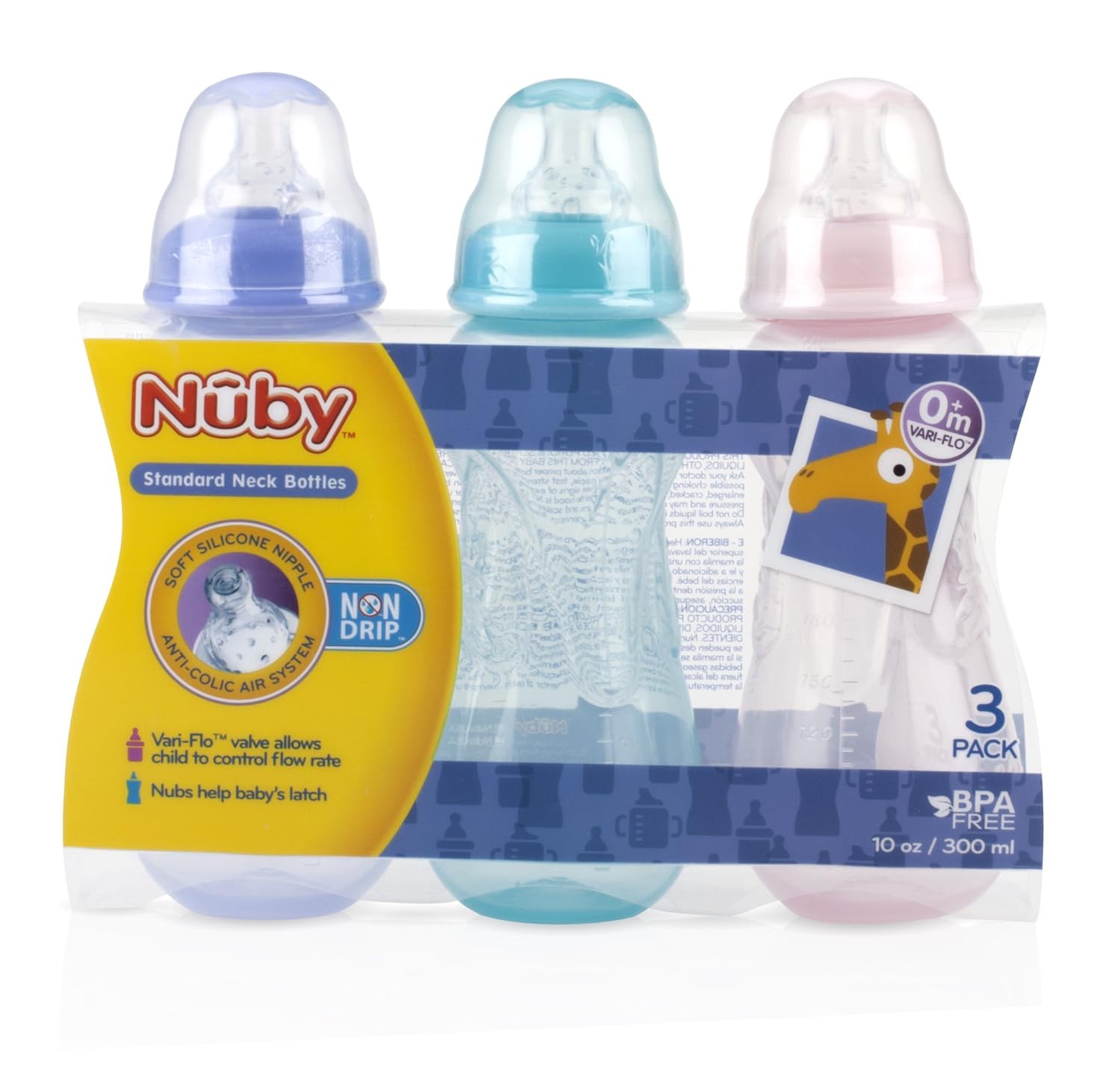 Nuby Non-Drip Standard Neck Bottles, 10 Ounce, Colors May Vary, 3 Count (Pack of 1)-2