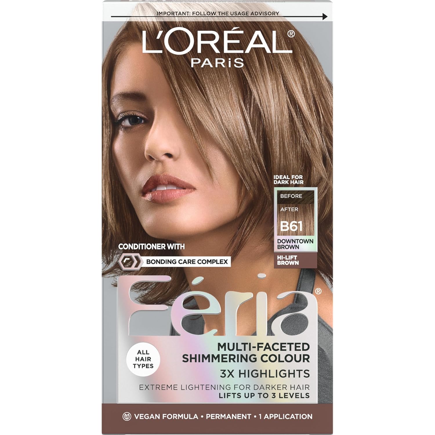 L'Oreal Paris Feria Multi-Faceted Shimmering Permanent Hair Color, B61 Downtown Brown (Hi-Lift Cool Brown), Pack of 1, Hair Dye-0