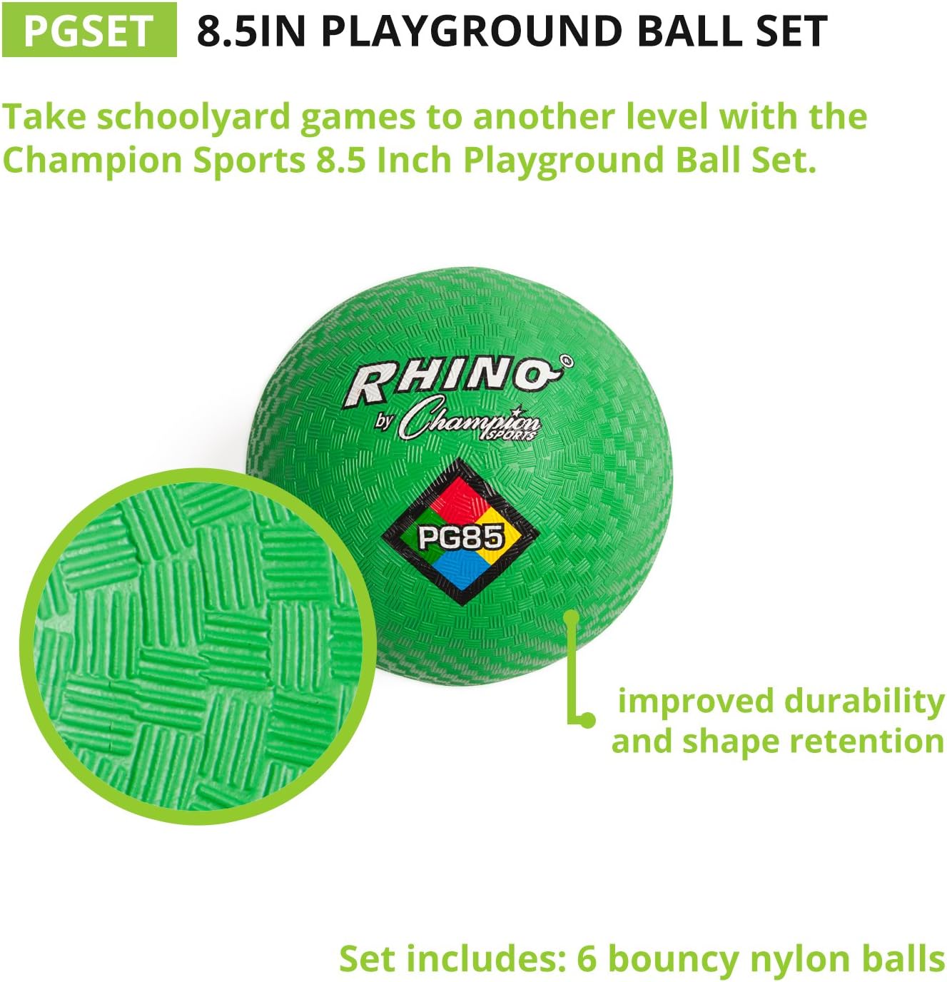 Champion Sports Rhino Playground Ball Set, 8.5"D -Two-Ply, Nylon Wound - Set of 6 Colors-1