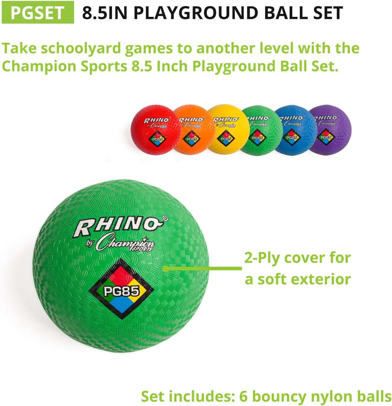 Champion Sports Rhino Playground Ball Set, 8.5"D -Two-Ply, Nylon Wound - Set of 6 Colors-2