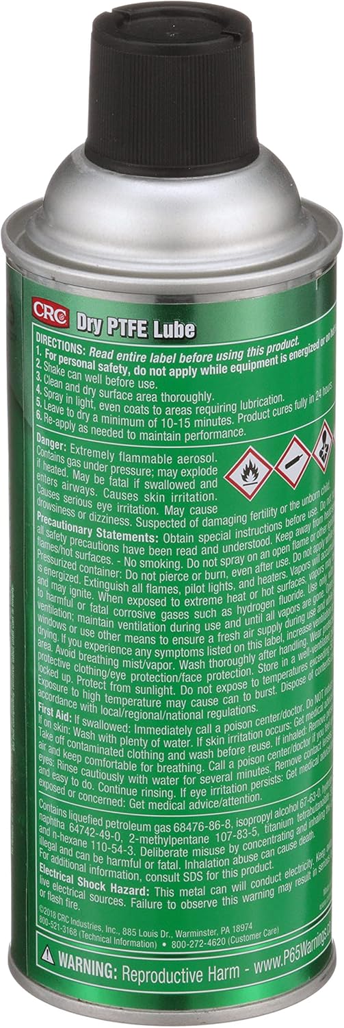 CRC Dry PTFE Lube, 10 Wt Oz, NSF H2 Registered Lubricant with Advanced Dry Film Technology, Plastic-Safe, Aerosol Spray (Pack of 1)-1