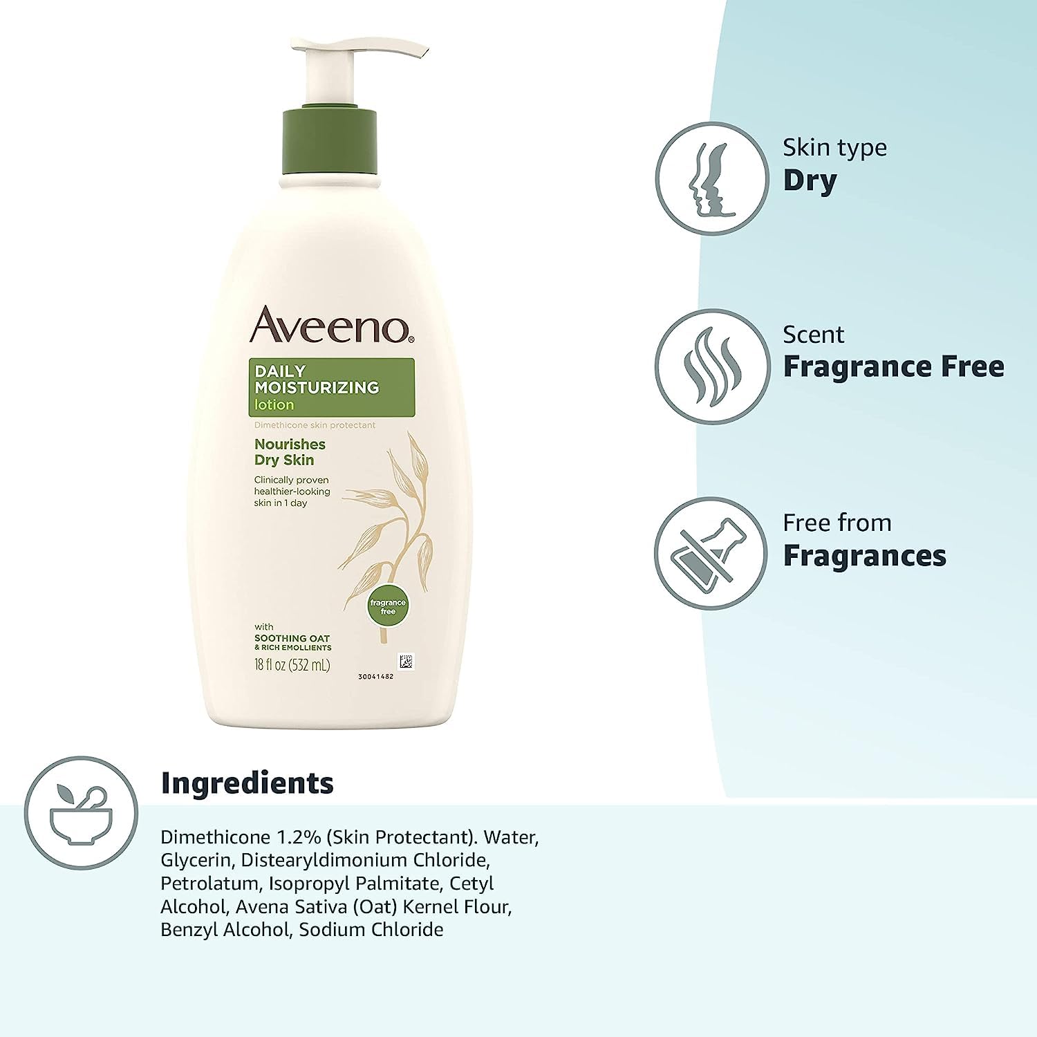 Aveeno Daily Moisturizer, Body Lotion, For Dry Skin, Prebiotic Oat Fragrance Free, 18 fl. oz, Pack of 1-9