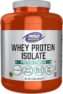 NOW Foods Sports Nutrition, Whey Protein Isolate, 25 g With BCAAs, Unflavored Powder, 5-Pound