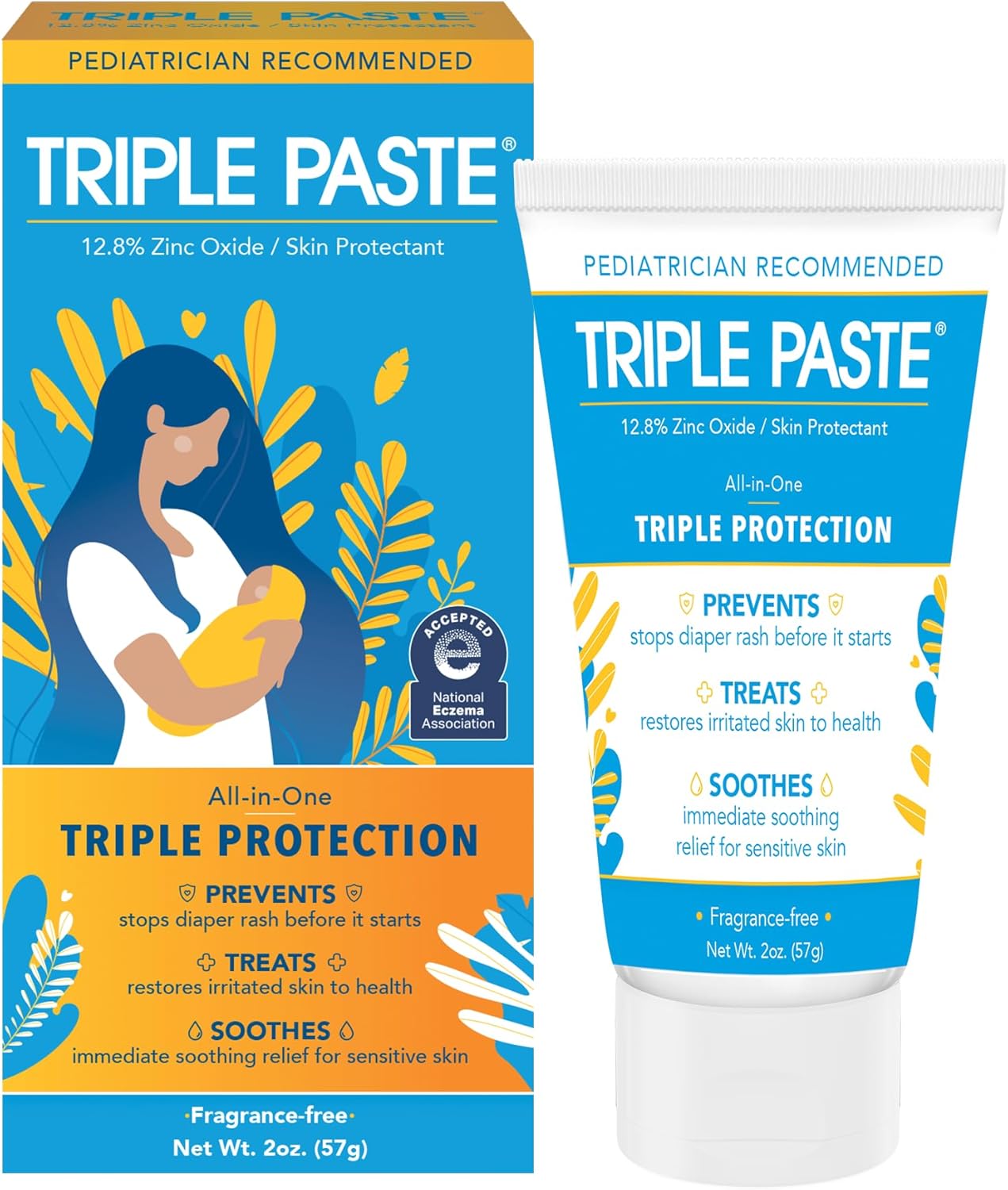 Triple Paste Diaper Rash Cream for Baby - 2 oz Tube - Zinc Oxide Ointment Treats, Soothes and Prevents Diaper Rash - Pediatrician-Recommended Hypoallergenic Formula with Soothing Botanicals-0