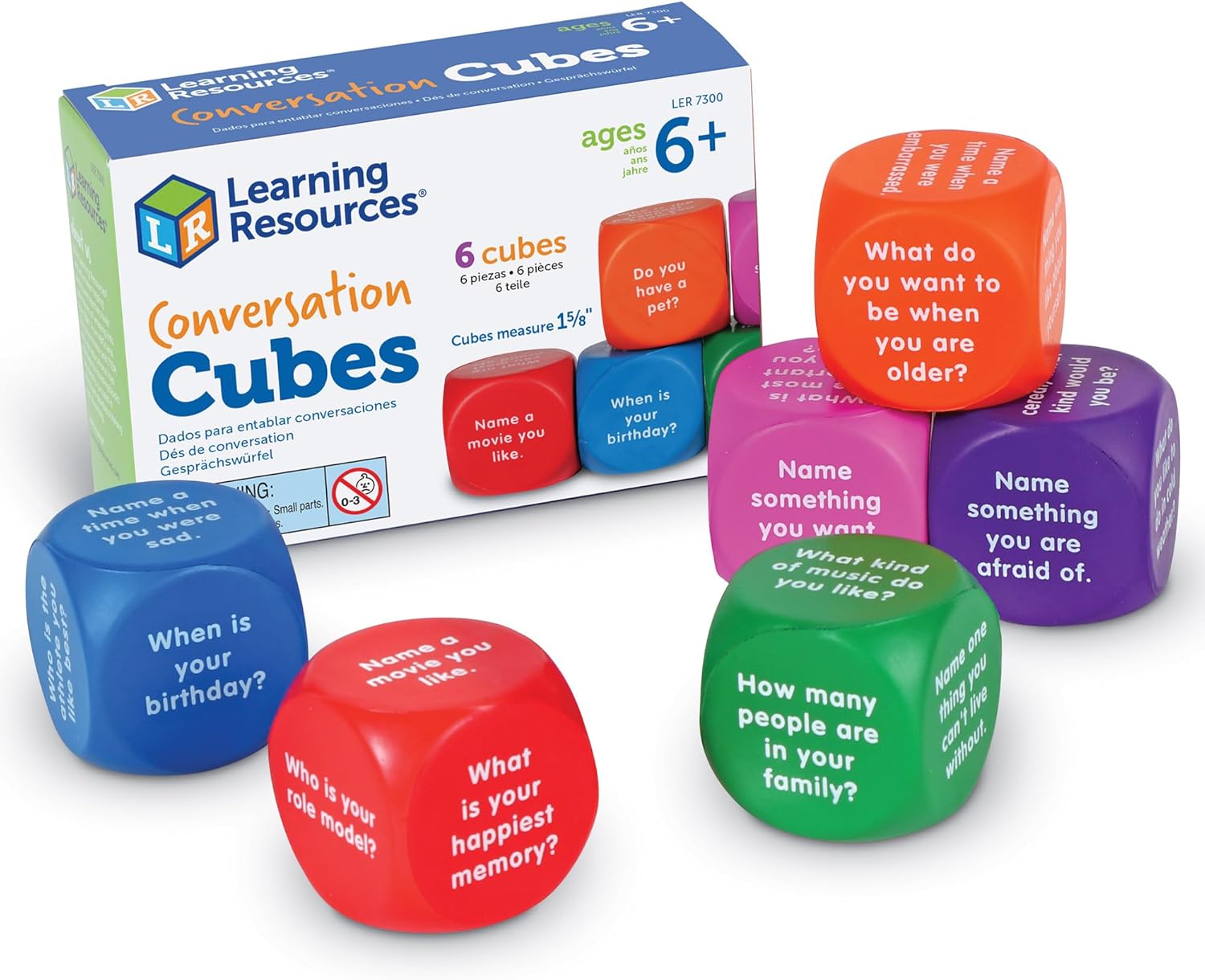 Learning Resources Conversation Cubes - 6 Pieces, Ages 6+ Foam Cubes for Social Emotional Learning, School Counselor Supplies, Speech Therapy Toys, Ice Breaker Cubes-0