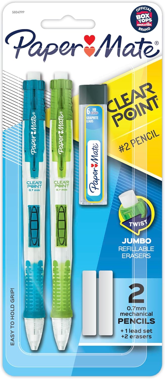 Paper Mate Clearpoint Mechanical Pencils 0.7mm, HB #2 Pencil Lead, 2 Pencils, School Supplies, Teacher Supplies, Drawing Pencils, Sketching Pencils, 1 Lead Refill Set, 2 Erasers-0