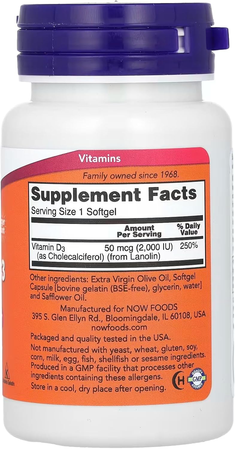 NOW Foods Supplements, Vitamin D-3 2,000 IU, High Potency, Structural Support*, 240 Softgels-1