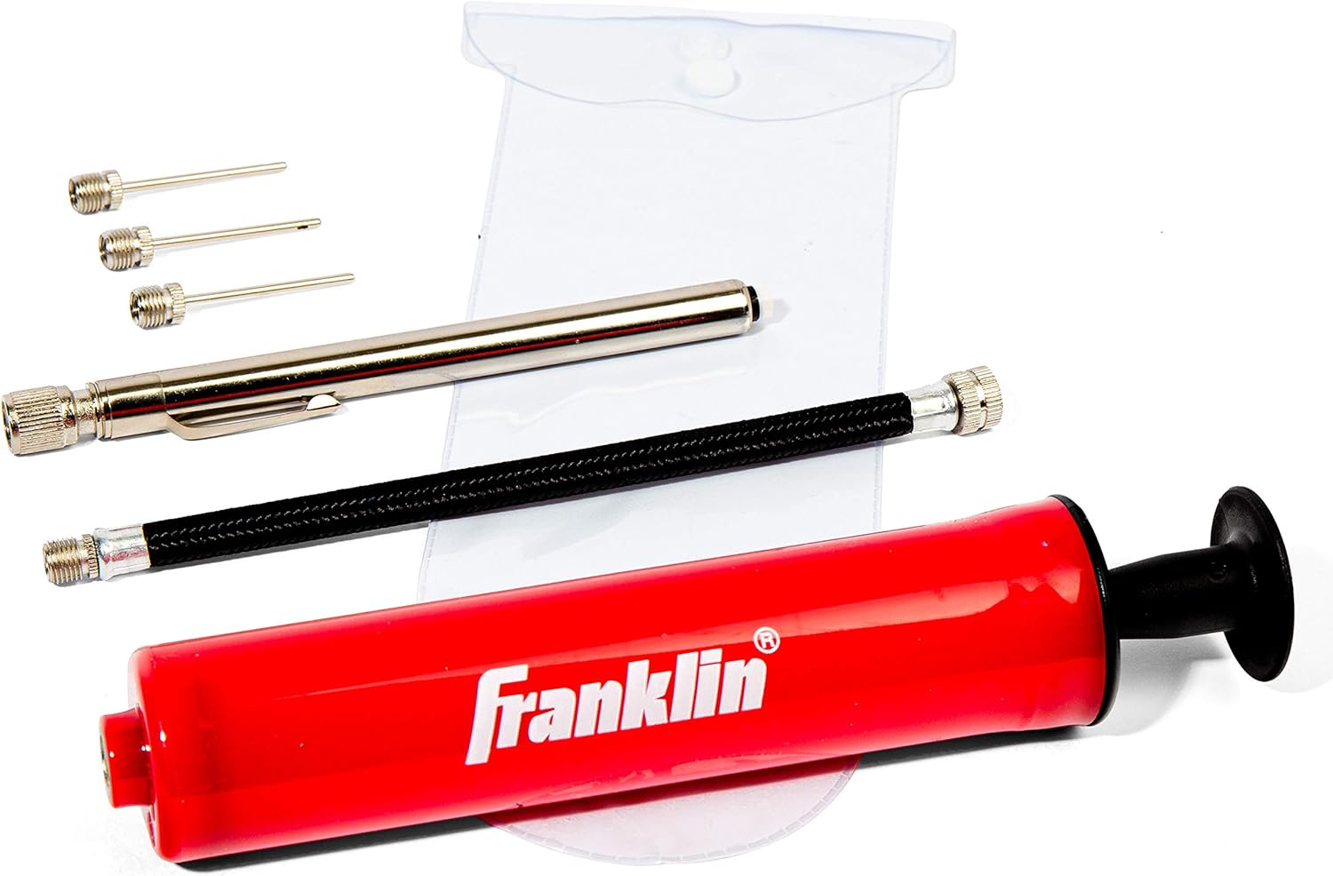 Franklin Sports Ball Pump Kit -7.4" - Perfect for Basketballs, Soccer Balls and More - Complete Hand Pump Kit with Needles, Flexible Hose, Air Pressure Gauge and Carry Bag-0