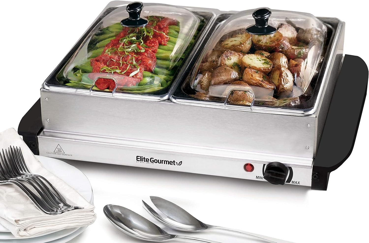 Elite Gourmet EWM-6122 Dual 2 x 2.5 Qt. Trays, Buffet Server, Food Warmer Temperature Control, Clear Slotted Lids, Perfect for Parties, Entertaining & Holidays, 5 Qt Total, Stainless Steel-0