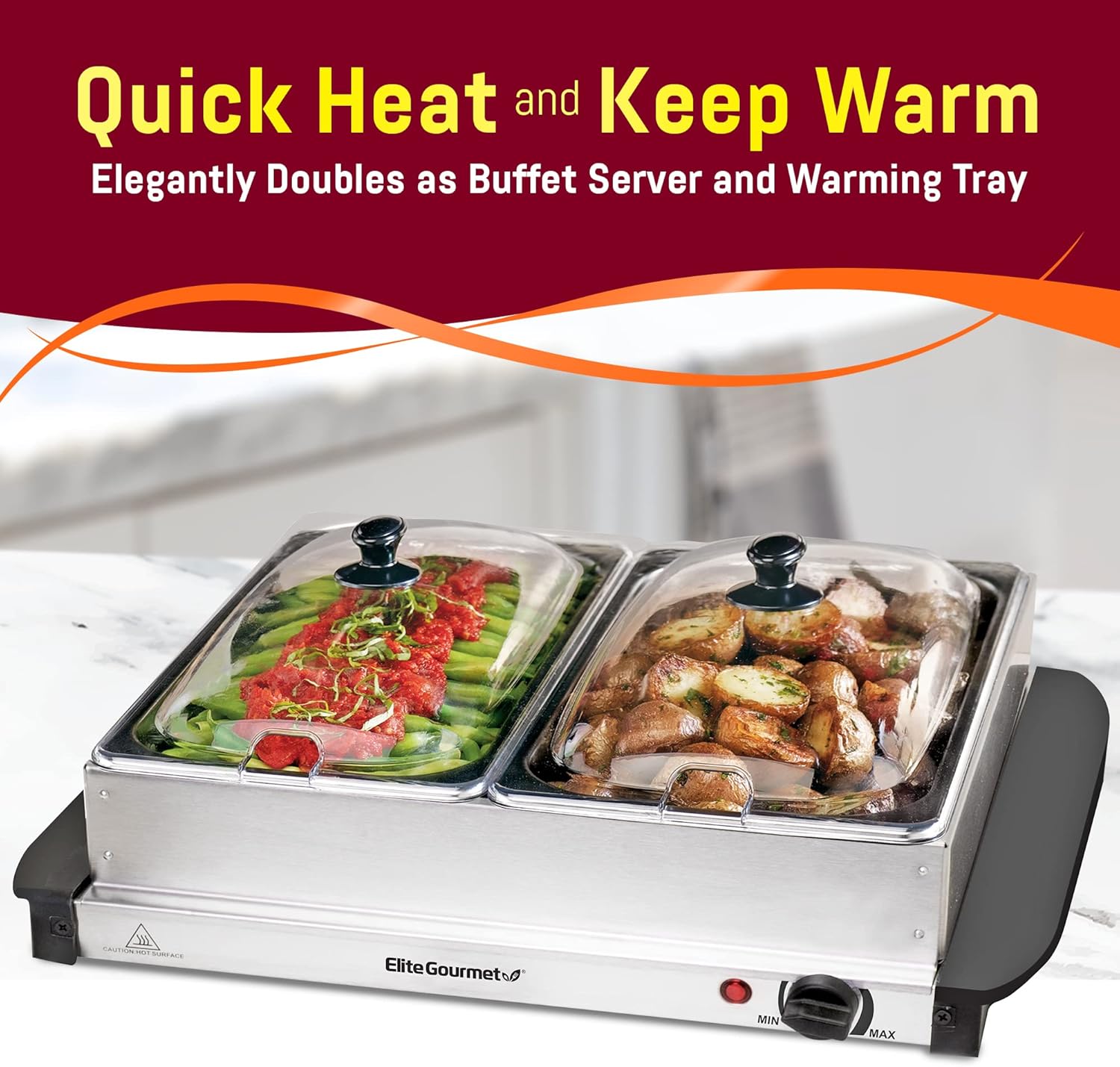 Elite Gourmet EWM-6122 Dual 2 x 2.5 Qt. Trays, Buffet Server, Food Warmer Temperature Control, Clear Slotted Lids, Perfect for Parties, Entertaining & Holidays, 5 Qt Total, Stainless Steel-1