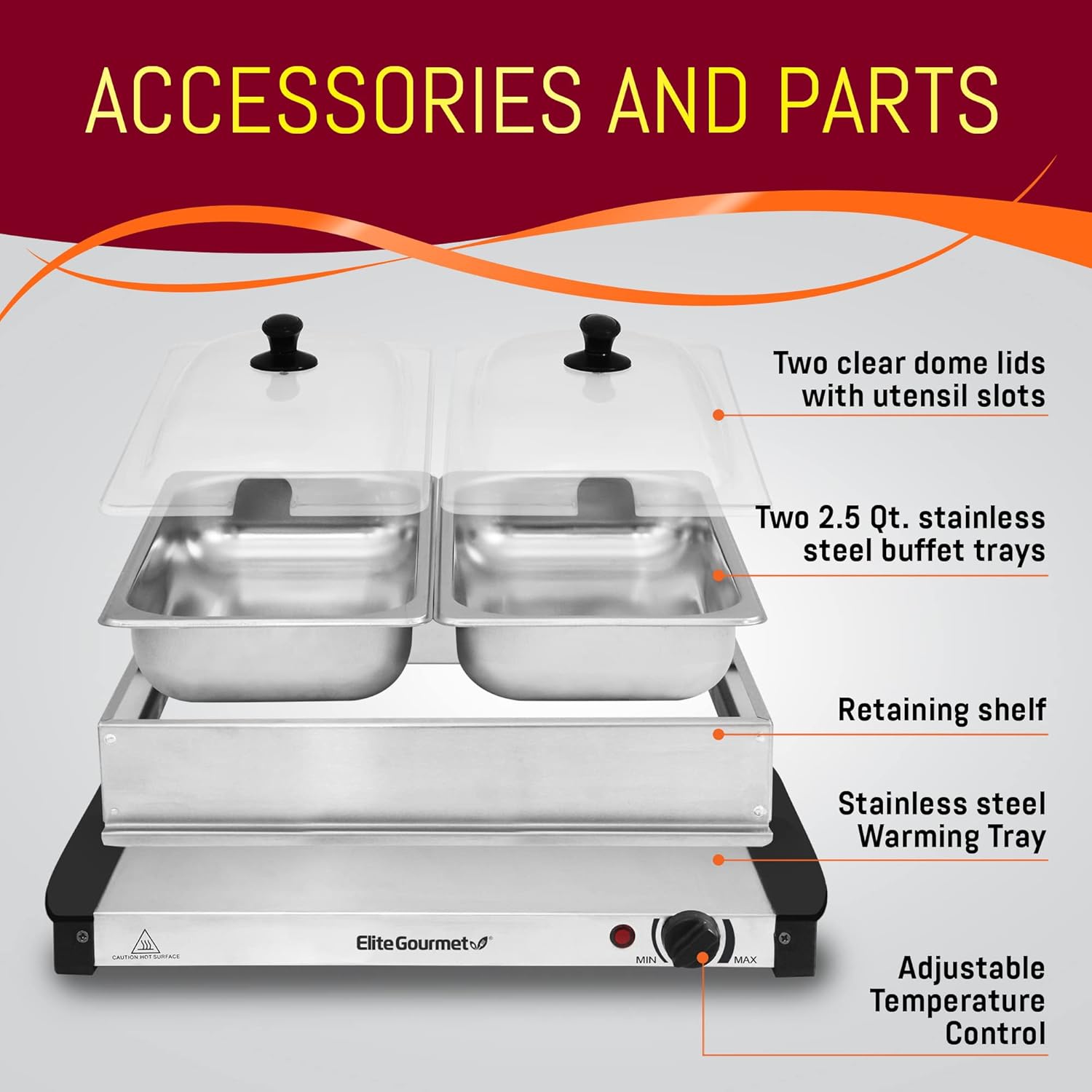 Elite Gourmet EWM-6122 Dual 2 x 2.5 Qt. Trays, Buffet Server, Food Warmer Temperature Control, Clear Slotted Lids, Perfect for Parties, Entertaining & Holidays, 5 Qt Total, Stainless Steel-3