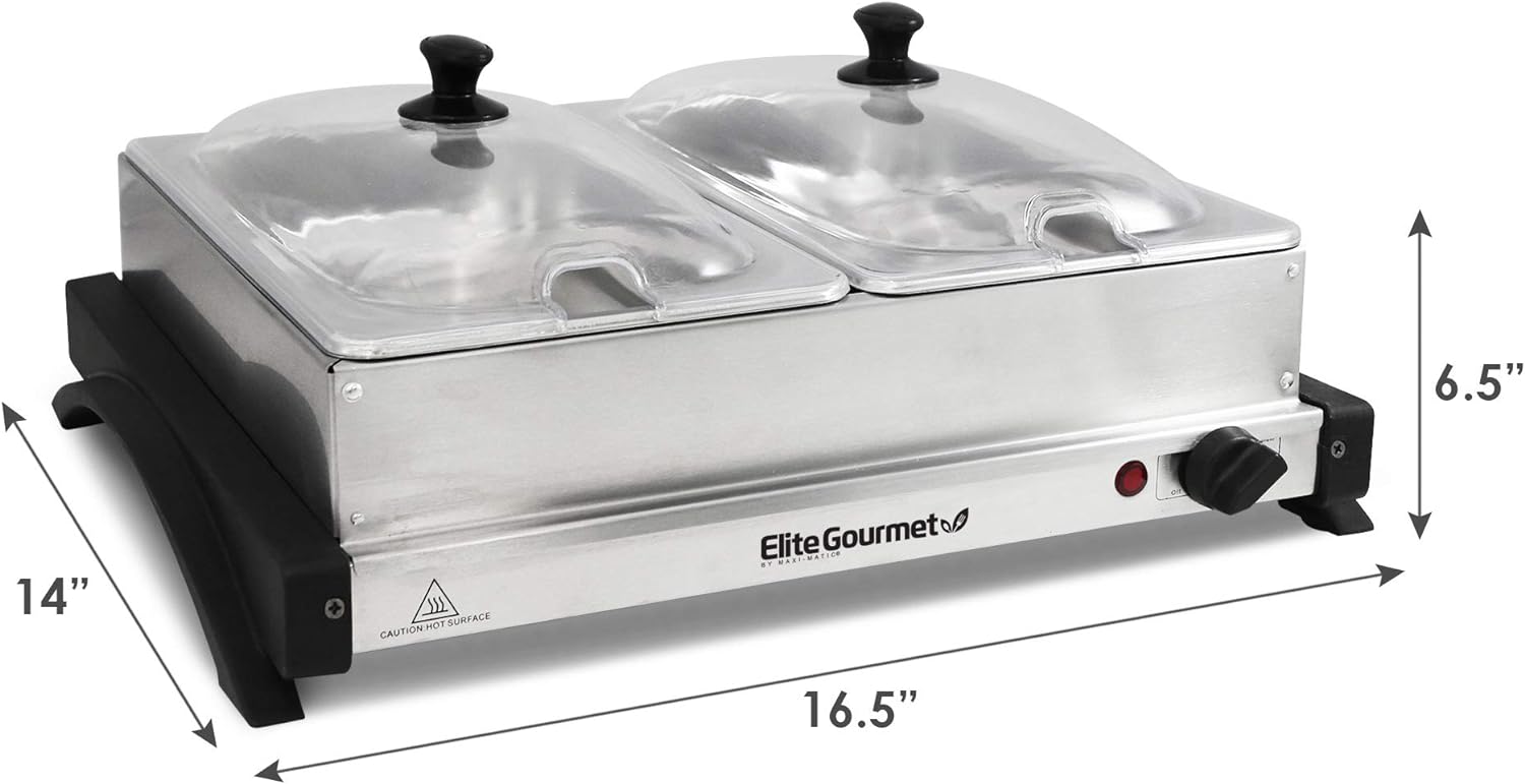 Elite Gourmet EWM-6122 Dual 2 x 2.5 Qt. Trays, Buffet Server, Food Warmer Temperature Control, Clear Slotted Lids, Perfect for Parties, Entertaining & Holidays, 5 Qt Total, Stainless Steel-6