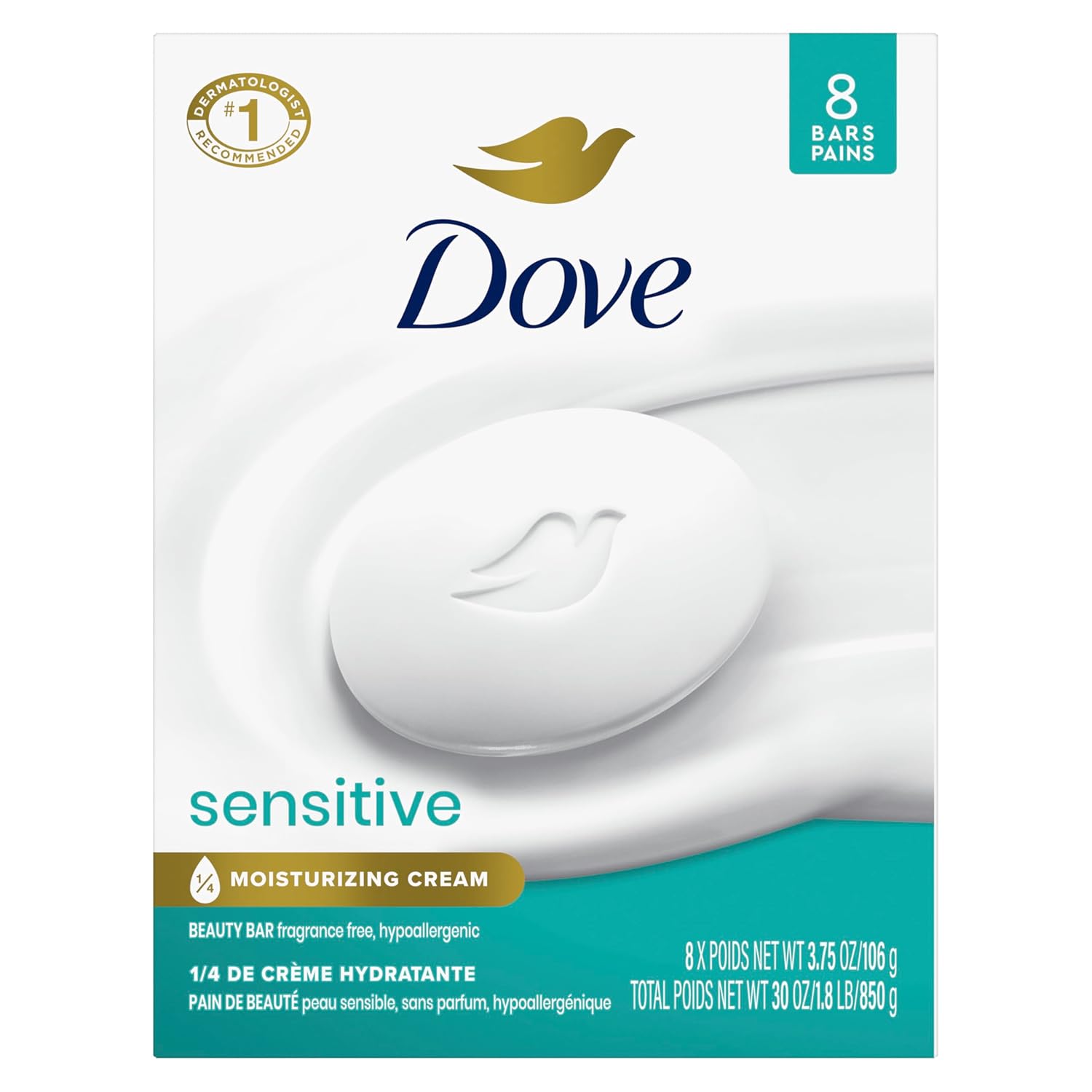 Dove Beauty Bar Soap Sensitive, 8 Bars for Sensitive Skin, Fragrance Free and Hypoallergenic 3.75 oz-0