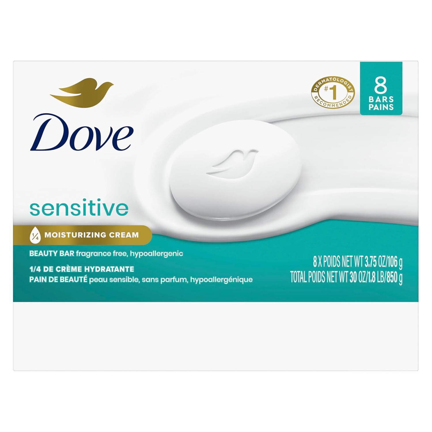 Dove Beauty Bar Soap Sensitive, 8 Bars for Sensitive Skin, Fragrance Free and Hypoallergenic 3.75 oz-1