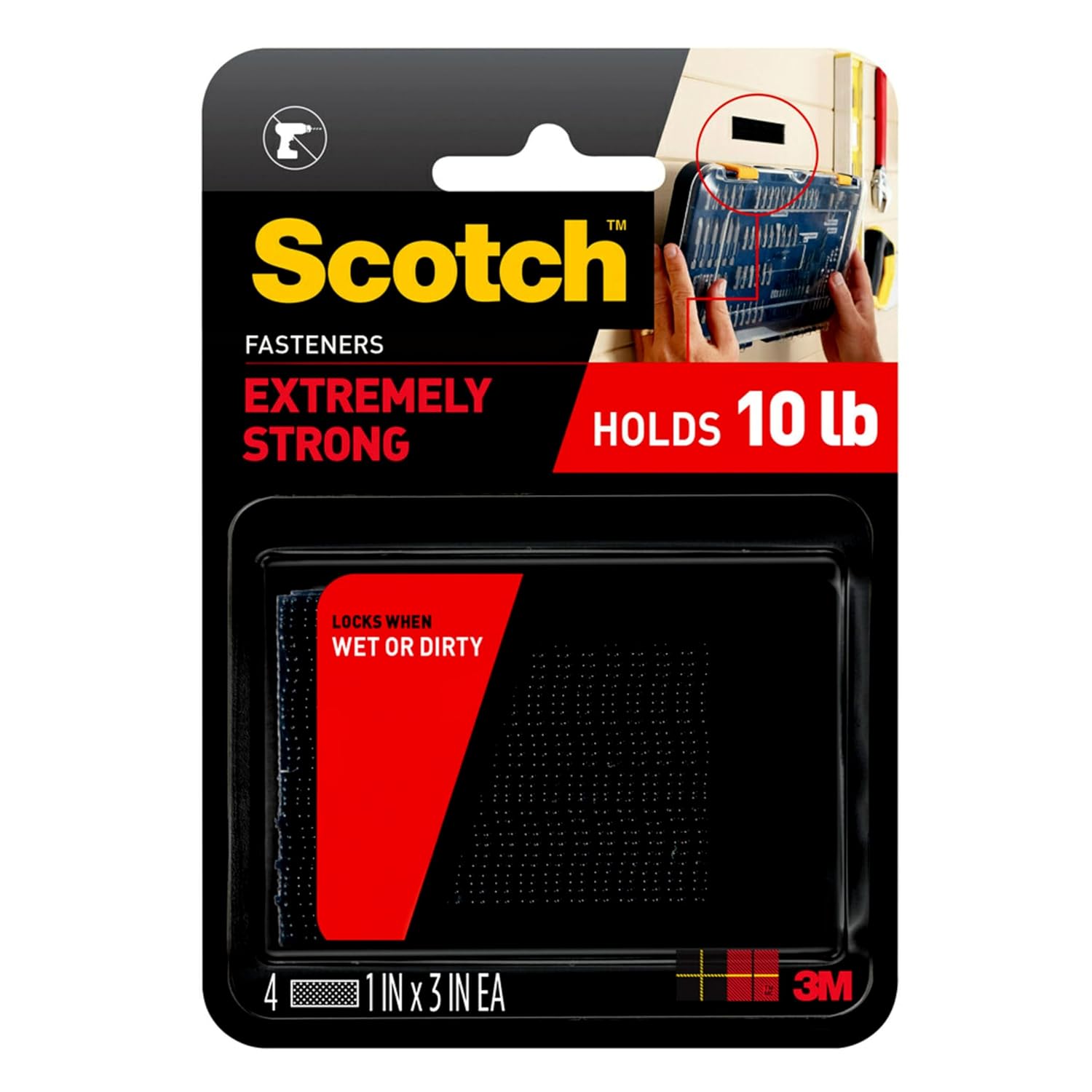 Scotch Extreme Interlocking Fasteners, 4 Strips, 1" x 3", Delivers Powerful Bond on Contact, Weather, Dirt & UV Resistant, 1 Set Holds 2 lbs., Designed With Reclosable Dual-Lock Technology (RF6731)-0