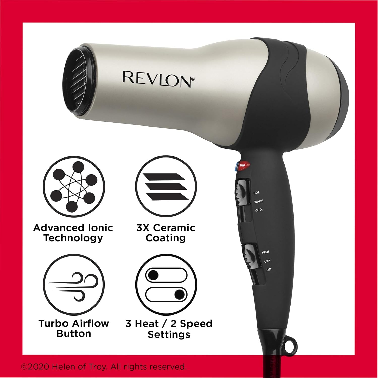 REVLON Turbo Hair Dryer with Advanced Ionic Technology, Ceramic Coating | Turbo Heat and Cold Shot Features, 1875 Watts for Fast Drying and Shine (Silver)-3