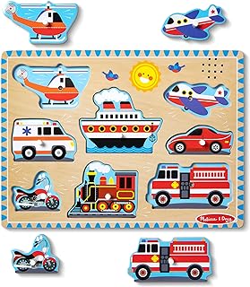 Melissa & Doug Vehicles Sound Puzzle - Wooden Peg Puzzle With Sound Effects (8 pcs) - Sound Puzzles for Toddlers, Wooden Puzzles For Kids Ages 2+