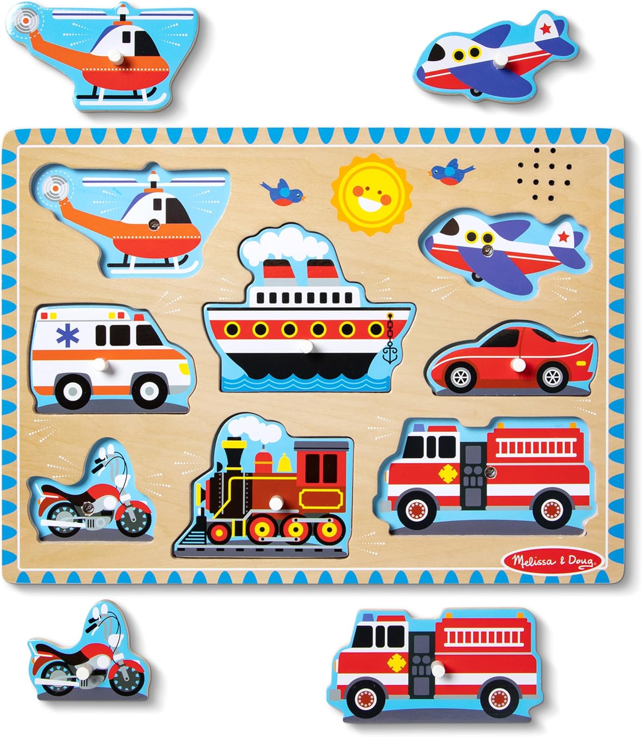 Melissa & Doug Vehicles Sound Puzzle - Wooden Peg Puzzle With Sound Effects (8 pcs) - Sound Puzzles for Toddlers, Wooden Puzzles For Kids Ages 2+-0