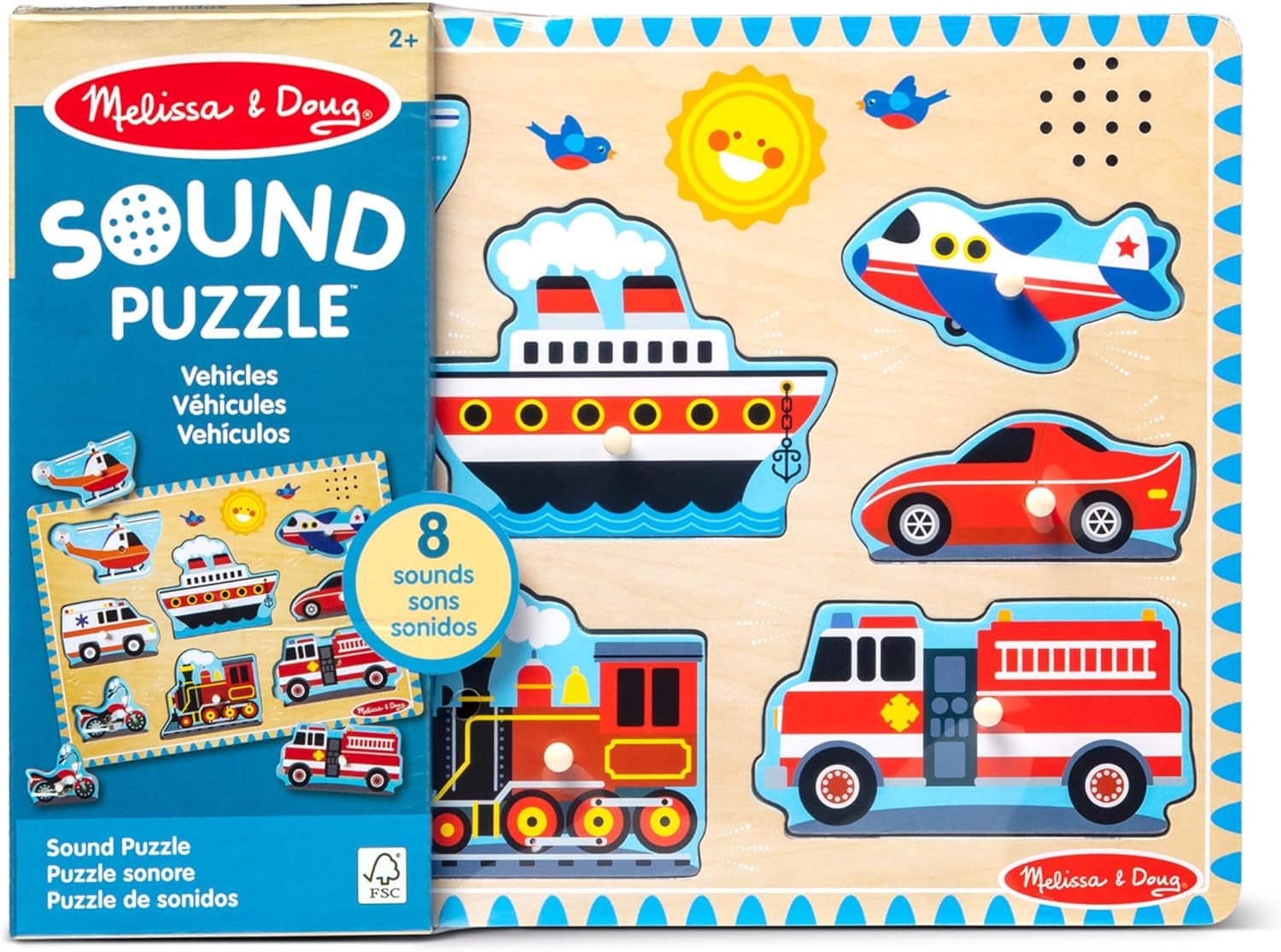 Melissa & Doug Vehicles Sound Puzzle - Wooden Peg Puzzle With Sound Effects (8 pcs) - Sound Puzzles for Toddlers, Wooden Puzzles For Kids Ages 2+-2