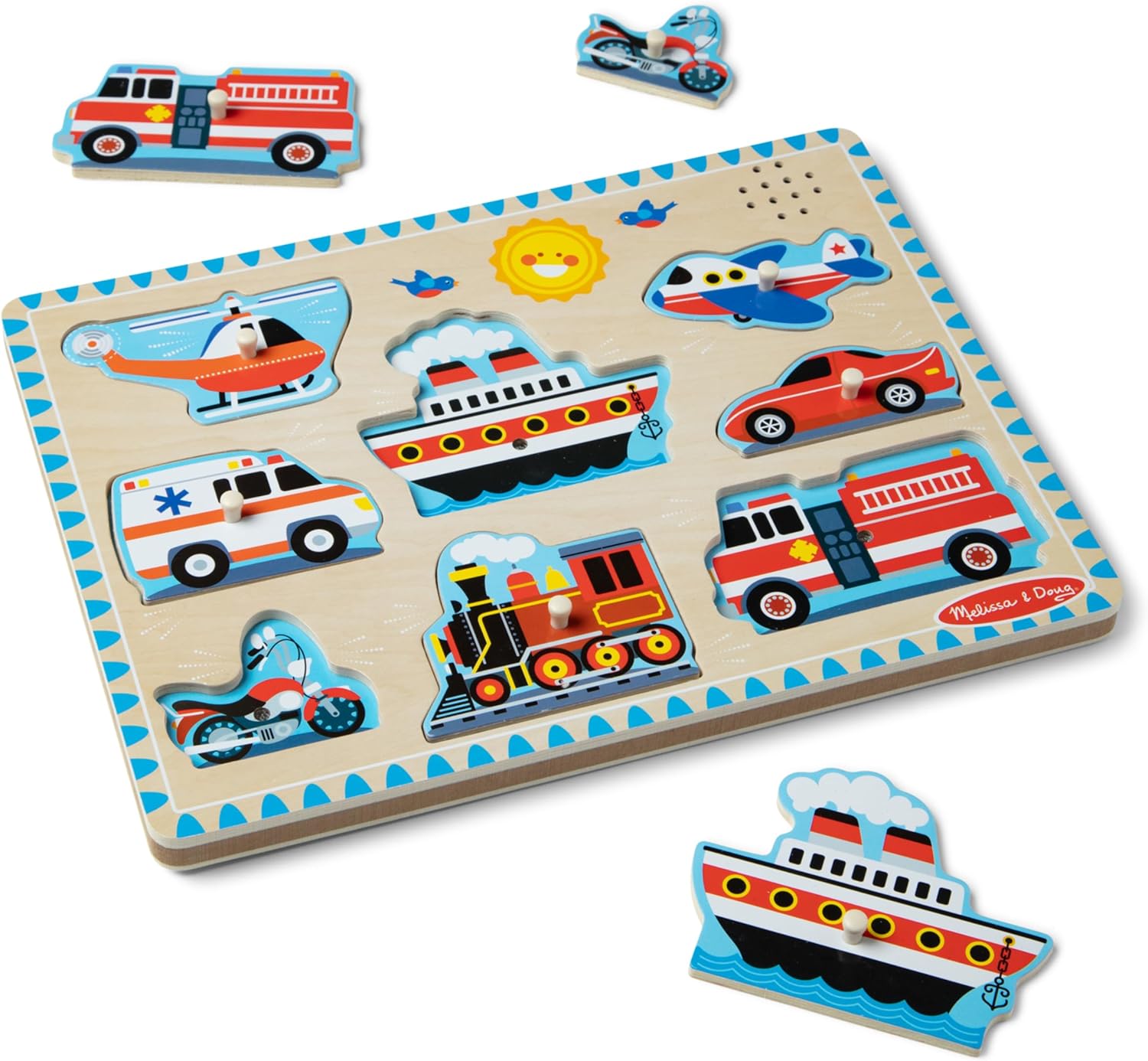 Melissa & Doug Vehicles Sound Puzzle - Wooden Peg Puzzle With Sound Effects (8 pcs) - Sound Puzzles for Toddlers, Wooden Puzzles For Kids Ages 2+-3