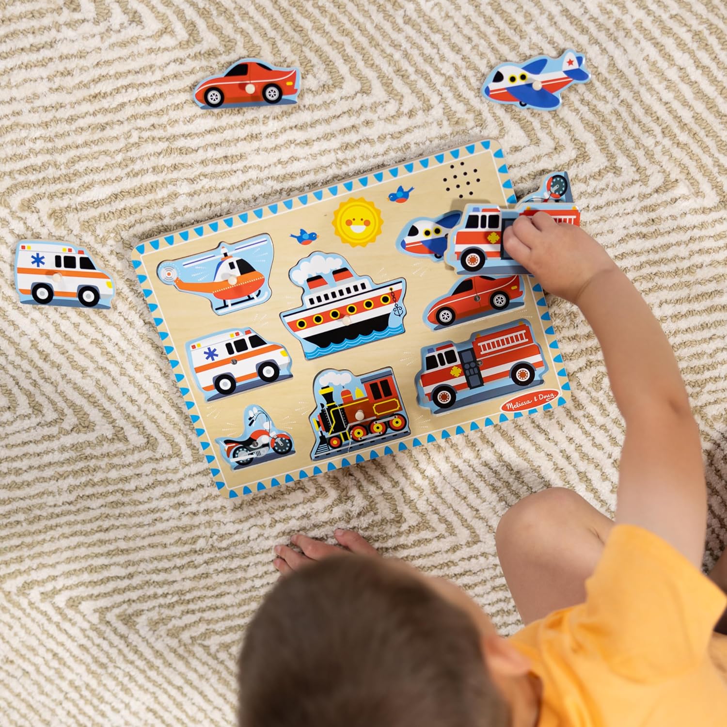 Melissa & Doug Vehicles Sound Puzzle - Wooden Peg Puzzle With Sound Effects (8 pcs) - Sound Puzzles for Toddlers, Wooden Puzzles For Kids Ages 2+-6