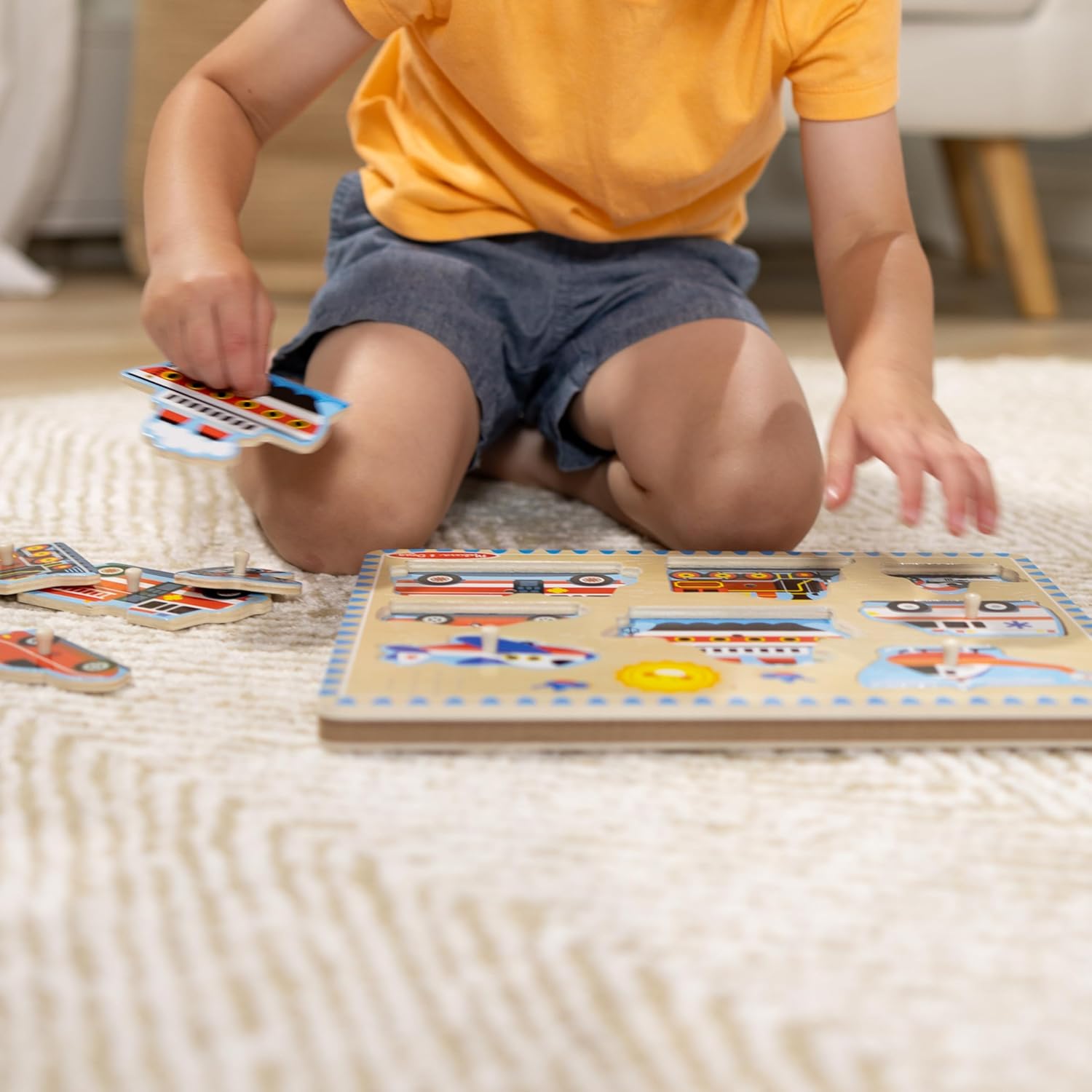 Melissa & Doug Vehicles Sound Puzzle - Wooden Peg Puzzle With Sound Effects (8 pcs) - Sound Puzzles for Toddlers, Wooden Puzzles For Kids Ages 2+-7