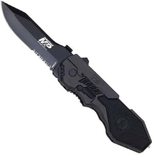 Smith & Wesson SWMP4LS 8.6in S.S. Assisted Folding Knife with 3.6in Serrated Clip Point Blade and Aluminum Handle for Outdoor Tactical Survival and EDC , Black