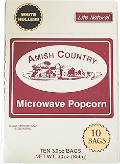 Amish Country Popcorn | Old Fashioned Microwave Popcorn | 10 Bags Lite Natural White Hulless | Non-GMO, Gluten Free, Microwaveable and Kosher (10 Bags)