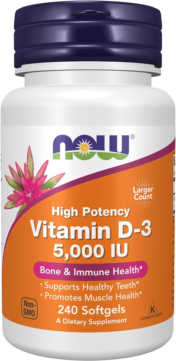 NOW Foods Supplements, Vitamin D-3 5,000 IU, High Potency, Structural Support*, 240 Softgels-0